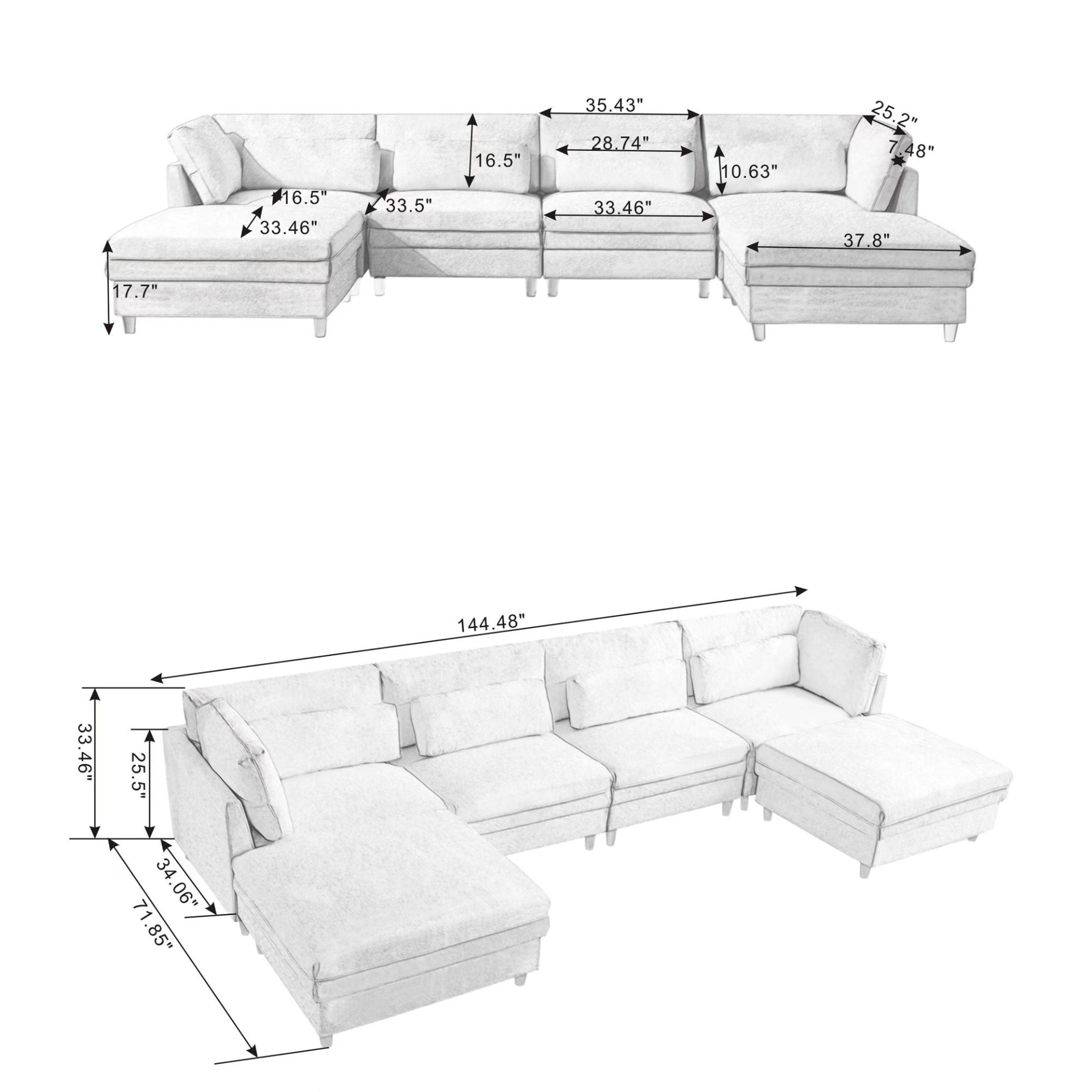 Oversized Modular Sectional Fabric Sofa Set with 6pcs Pillows, Extra Large U Shaped Couch with Reversible Chaise, 145 inch Long, 6 Seat Modular Sofa with  Ottamans, Goodies N Stuff