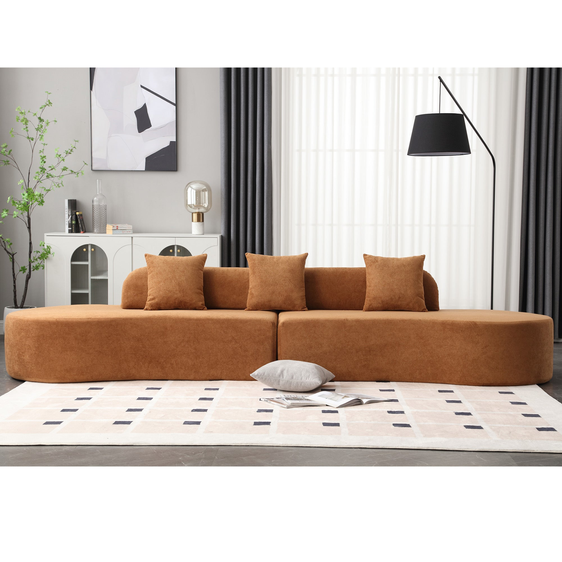 Modern curved combination sofa, terrycloth fabric sofa, minimalist sofa in living room, apartment, no assembly required, three pillows,Browm, Goodies N Stuff