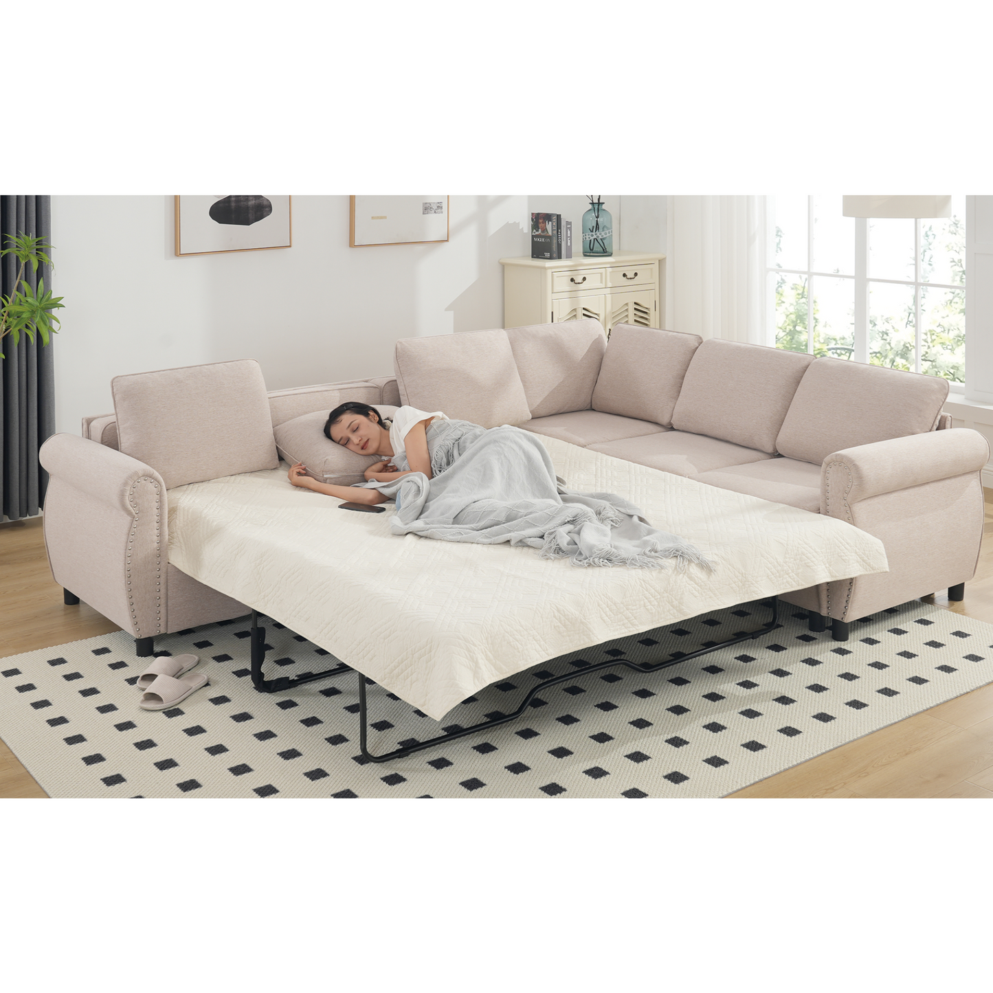 Sleeper Sofa, 2 in 1 Pull Out Couch Bed,6 seater sofa bed, L Shaped Sleeper Sectional Sofa Couch,Riveted sofa,104'' Large combined sofa Bed in living room, Beige, Goodies N Stuff