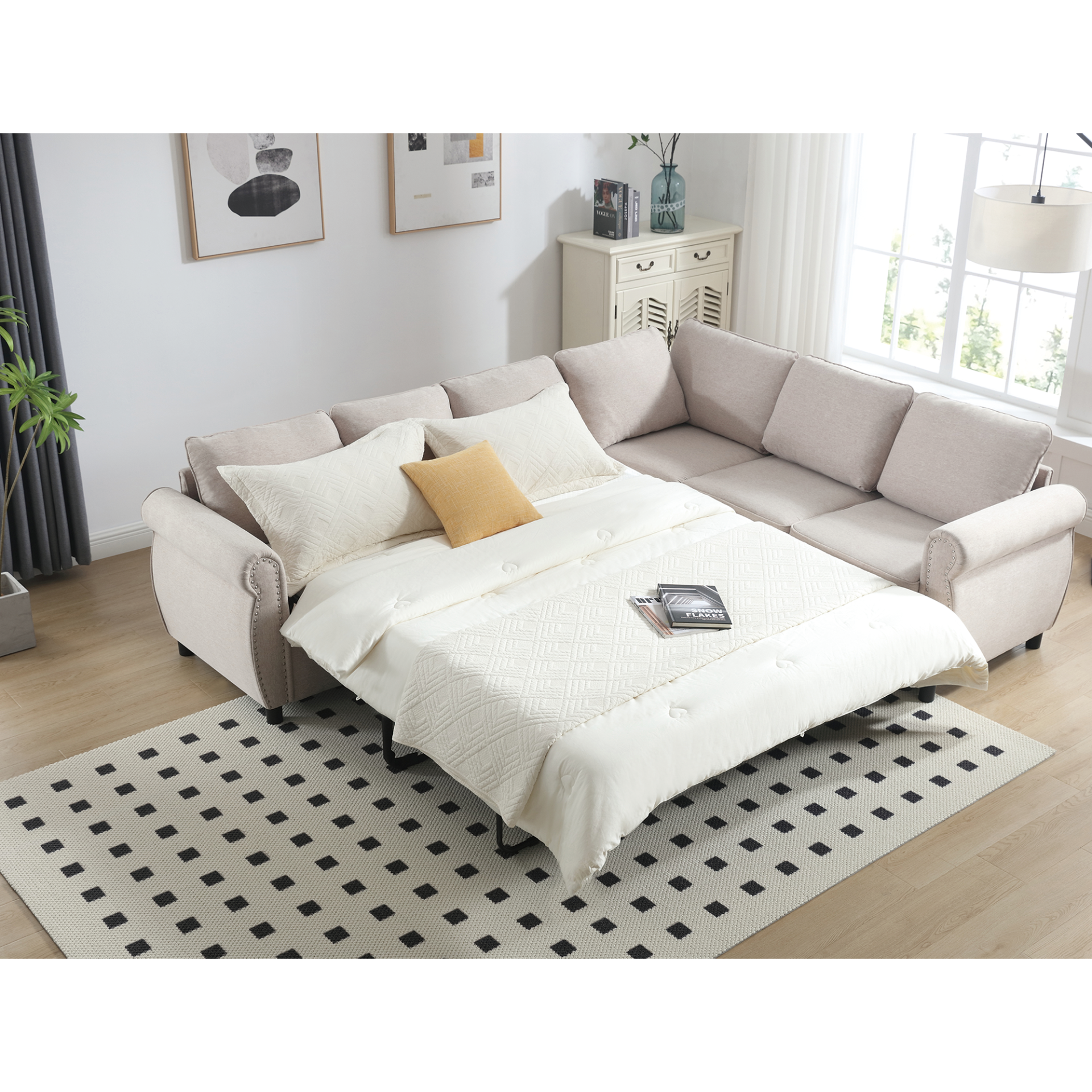 Sleeper Sofa, 2 in 1 Pull Out Couch Bed,6 seater sofa bed, L Shaped Sleeper Sectional Sofa Couch,Riveted sofa,104'' Large combined sofa Bed in living room, Beige, Goodies N Stuff