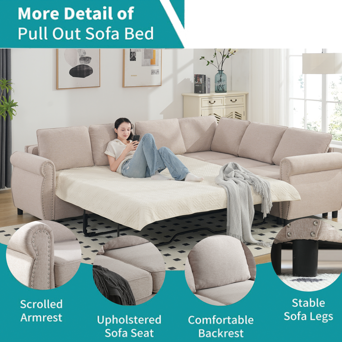 Sleeper Sofa, 2 in 1 Pull Out Couch Bed,6 seater sofa bed, L Shaped Sleeper Sectional Sofa Couch,Riveted sofa,104'' Large combined sofa Bed in living room, Beige, Goodies N Stuff