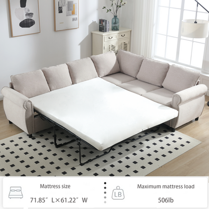 Sleeper Sofa, 2 in 1 Pull Out Couch Bed,6 seater sofa bed, L Shaped Sleeper Sectional Sofa Couch,Riveted sofa,104'' Large combined sofa Bed in living room, Beige, Goodies N Stuff