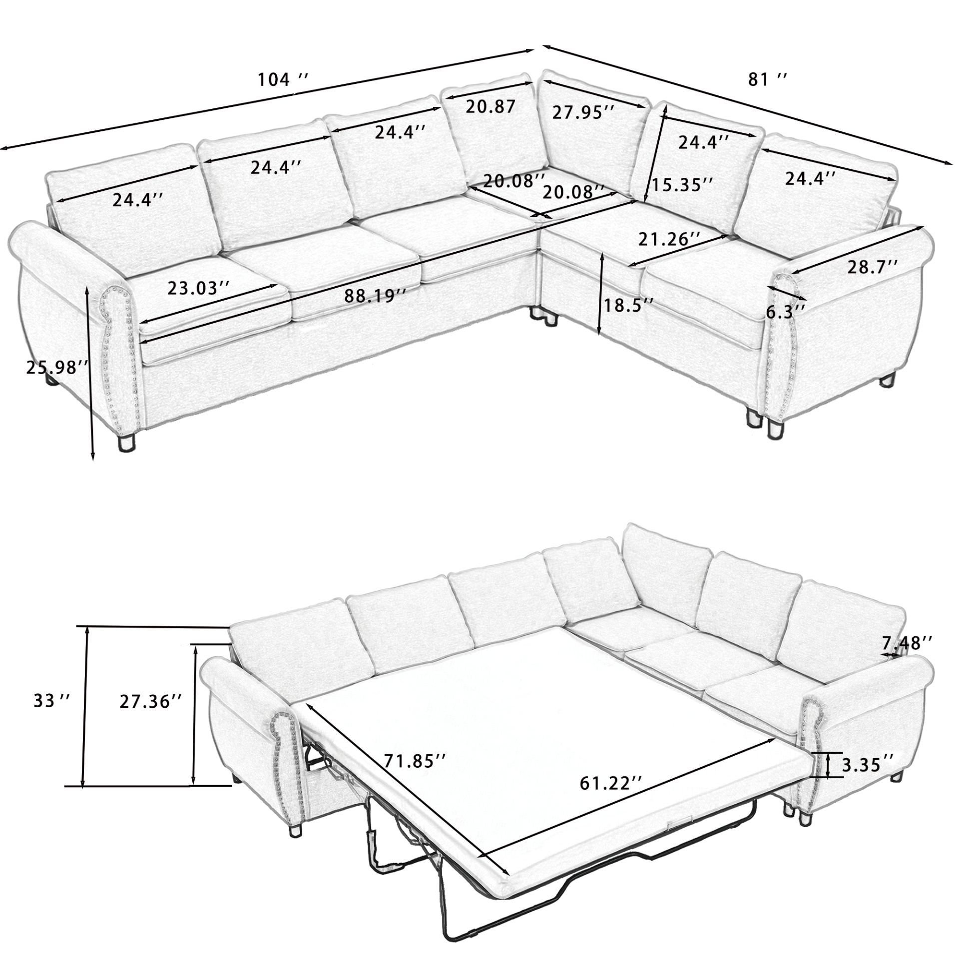 Sleeper Sofa, 2 in 1 Pull Out Couch Bed,6 seater sofa bed, L Shaped Sleeper Sectional Sofa Couch,Riveted sofa,104'' Large combined sofa Bed in living room, Beige, Goodies N Stuff