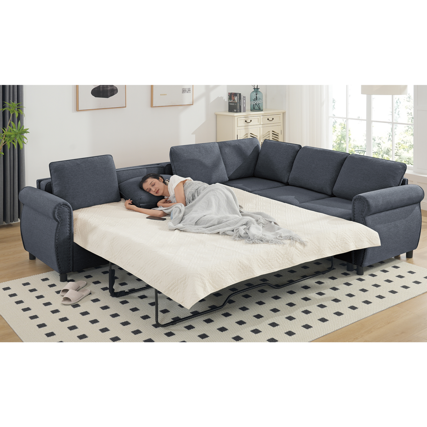 Sleeper Sofa, 2 in 1 Pull Out Couch Bed,6 seater sofa bed, L Shaped Sleeper Sectional Sofa Couch,Riveted sofa,104'' Large combined sofa Bed in living room, Dark Gray, Goodies N Stuff