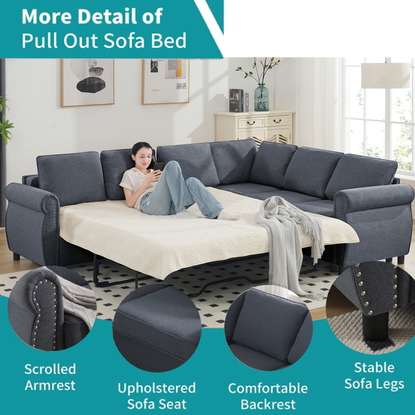 Sleeper Sofa, 2 in 1 Pull Out Couch Bed,6 seater sofa bed, L Shaped Sleeper Sectional Sofa Couch,Riveted sofa,104'' Large combined sofa Bed in living room, Dark Gray, Goodies N Stuff