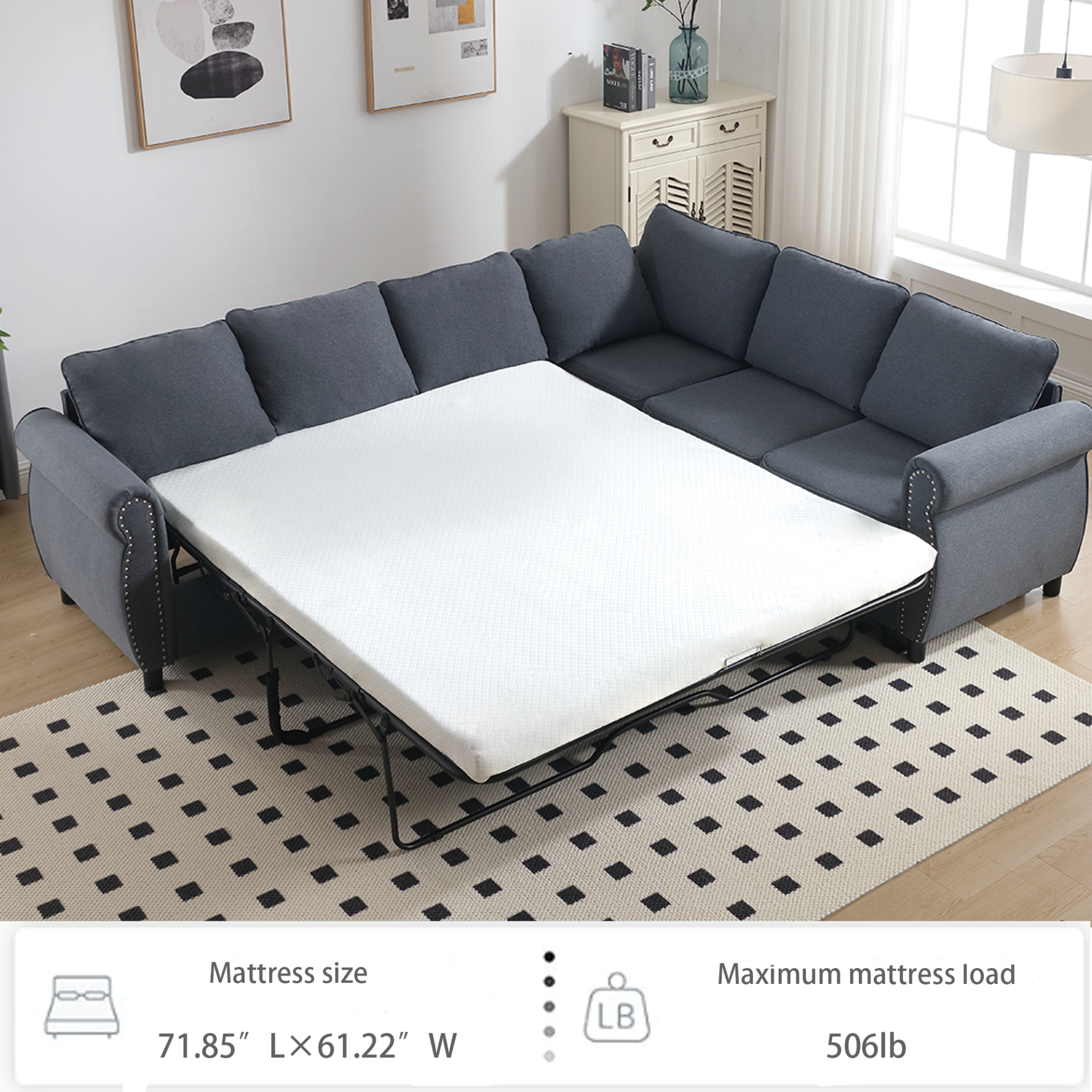 Sleeper Sofa, 2 in 1 Pull Out Couch Bed,6 seater sofa bed, L Shaped Sleeper Sectional Sofa Couch,Riveted sofa,104'' Large combined sofa Bed in living room, Dark Gray, Goodies N Stuff