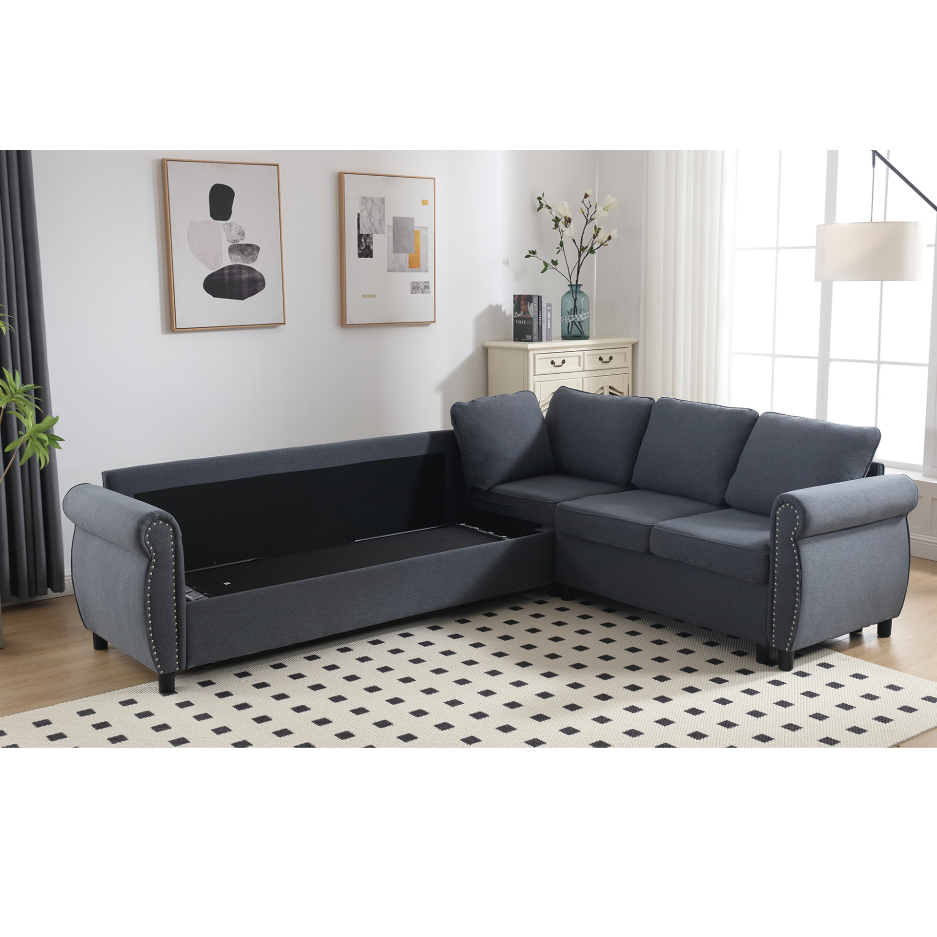 Sleeper Sofa, 2 in 1 Pull Out Couch Bed,6 seater sofa bed, L Shaped Sleeper Sectional Sofa Couch,Riveted sofa,104'' Large combined sofa Bed in living room, Dark Gray, Goodies N Stuff