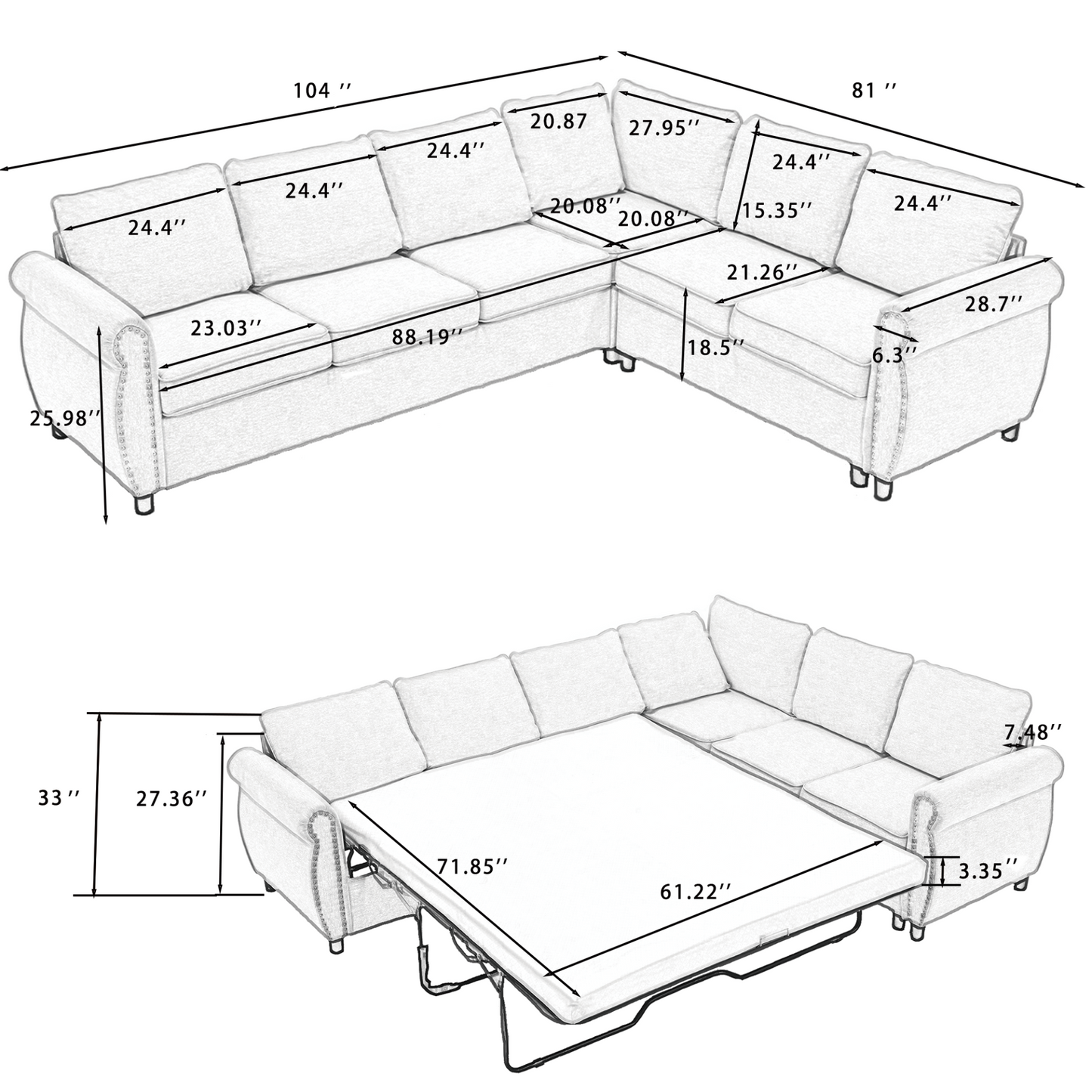 Sleeper Sofa, 2 in 1 Pull Out Couch Bed,6 seater sofa bed, L Shaped Sleeper Sectional Sofa Couch,Riveted sofa,104'' Large combined sofa Bed in living room, Dark Gray, Goodies N Stuff