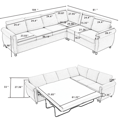 Sleeper Sofa, 2 in 1 Pull Out Couch Bed,6 seater sofa bed, L Shaped Sleeper Sectional Sofa Couch,Riveted sofa,104'' Large combined sofa Bed in living room, Dark Gray, Goodies N Stuff