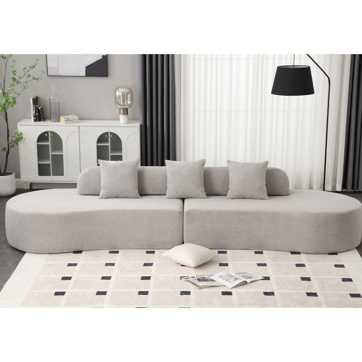 Modern curved combination sofa, terrycloth fabric sofa, minimalist sofa in living room, apartment, no assembly required, three  pillows,Gray, Goodies N Stuff