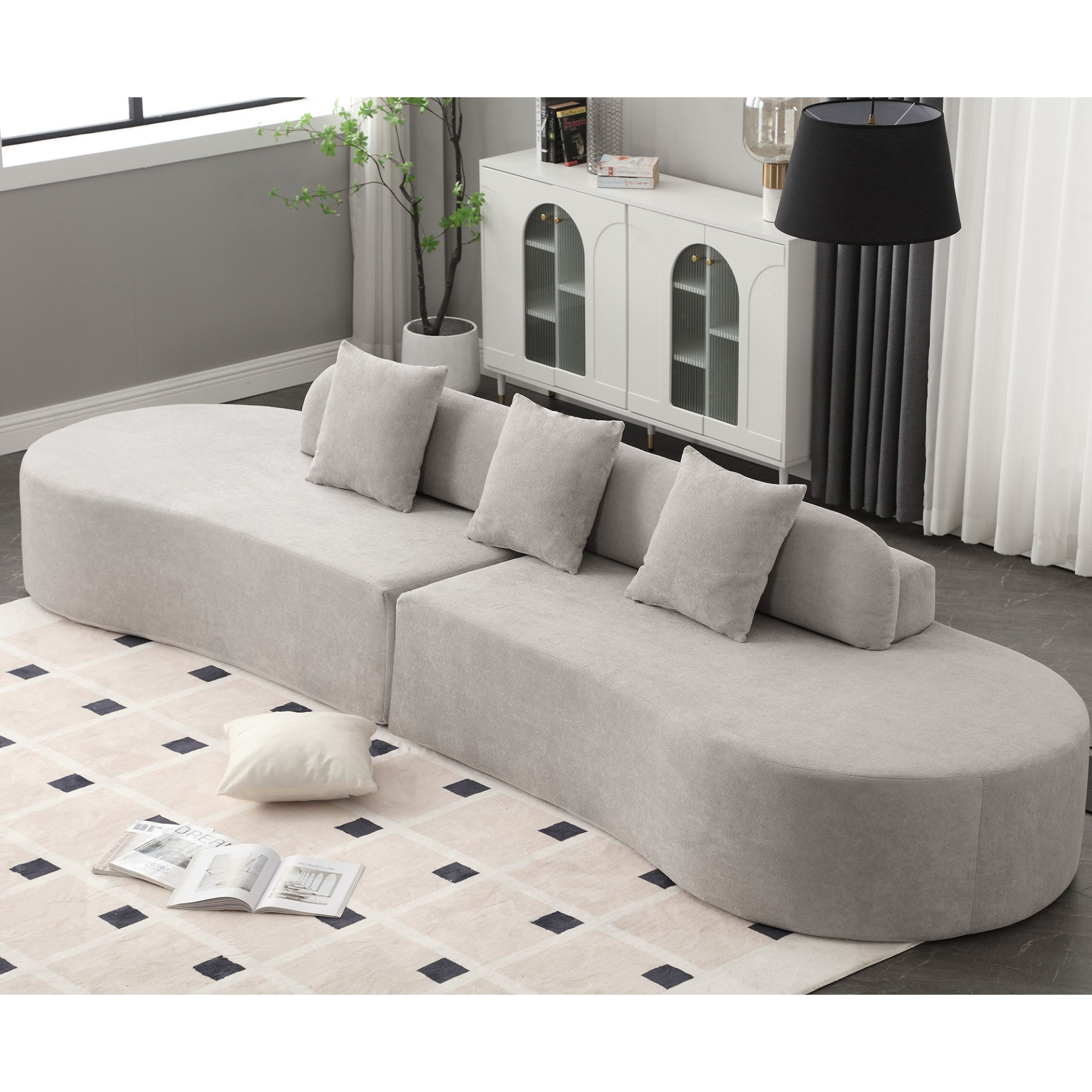 Modern curved combination sofa, terrycloth fabric sofa, minimalist sofa in living room, apartment, no assembly required, three  pillows,Gray, Goodies N Stuff