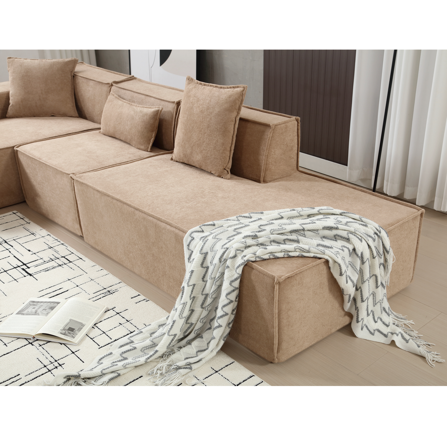 Modular combination living room sofa set, modern minimalist sofa, free installation sofa, L-shaped, Italian minimalist tofu block sofa, Left-Hand Facing, Light Brown, Goodies N Stuff