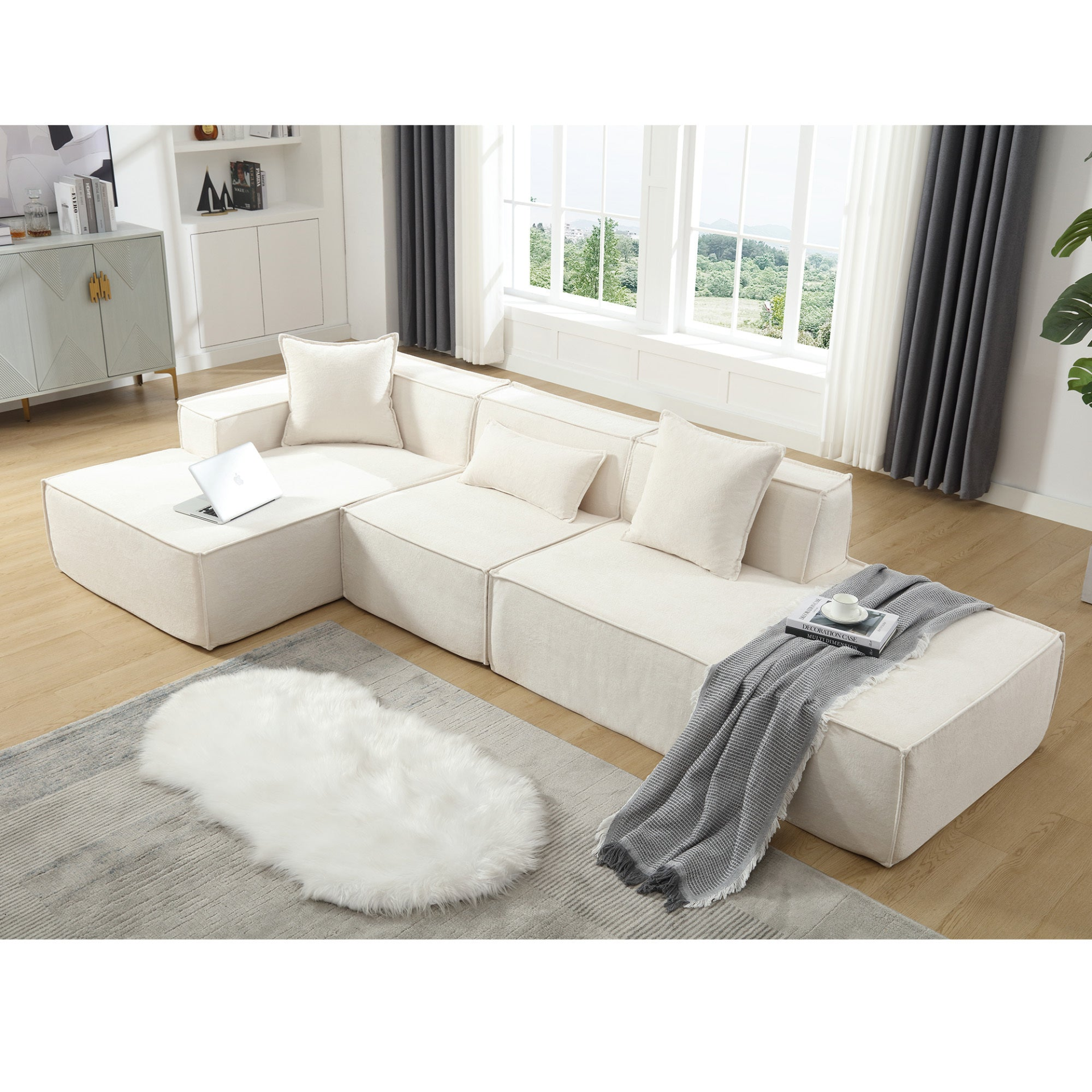 Modular combination living room sofa set, modern minimalist sofa, free installation sofa, L-shaped, Italian minimalist tofu block sofa, Beige, Goodies N Stuff