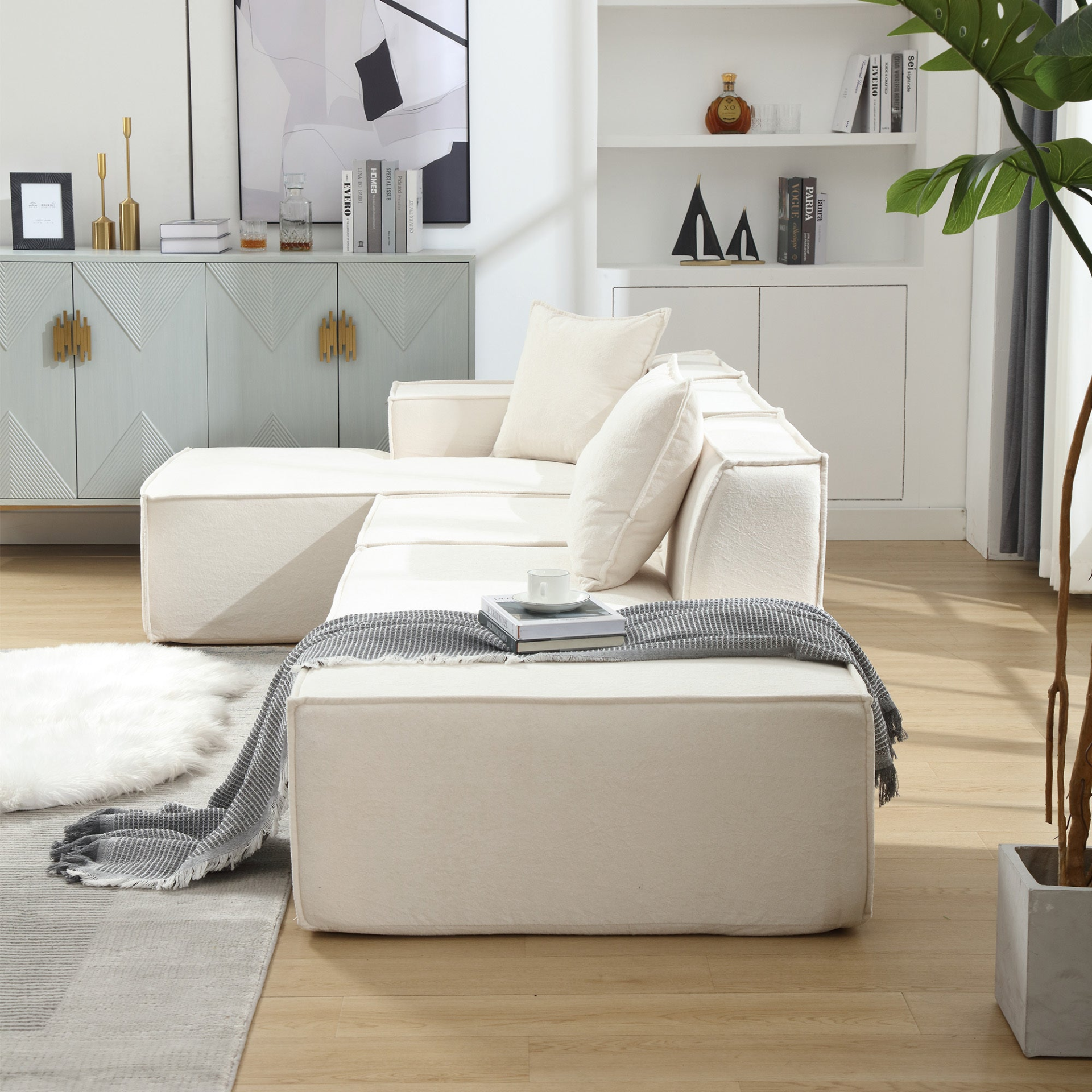 Modular combination living room sofa set, modern minimalist sofa, free installation sofa, L-shaped, Italian minimalist tofu block sofa, Beige, Goodies N Stuff