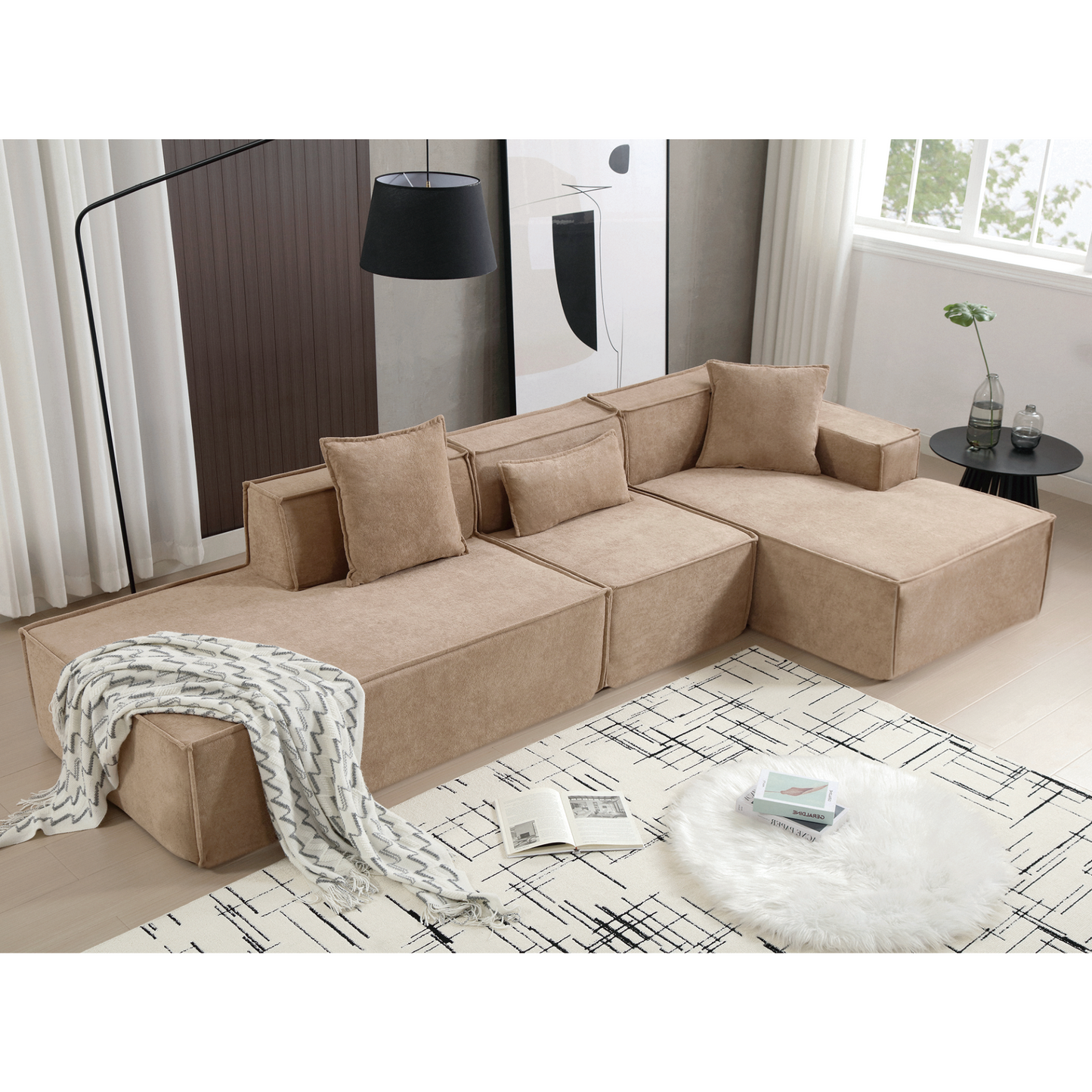 Modular combination living room sofa set, modern minimalist sofa, free installation sofa, L-shaped, Italian minimalist tofu block sofa,  Right-Hand Facing,Light Brown, Goodies N Stuff