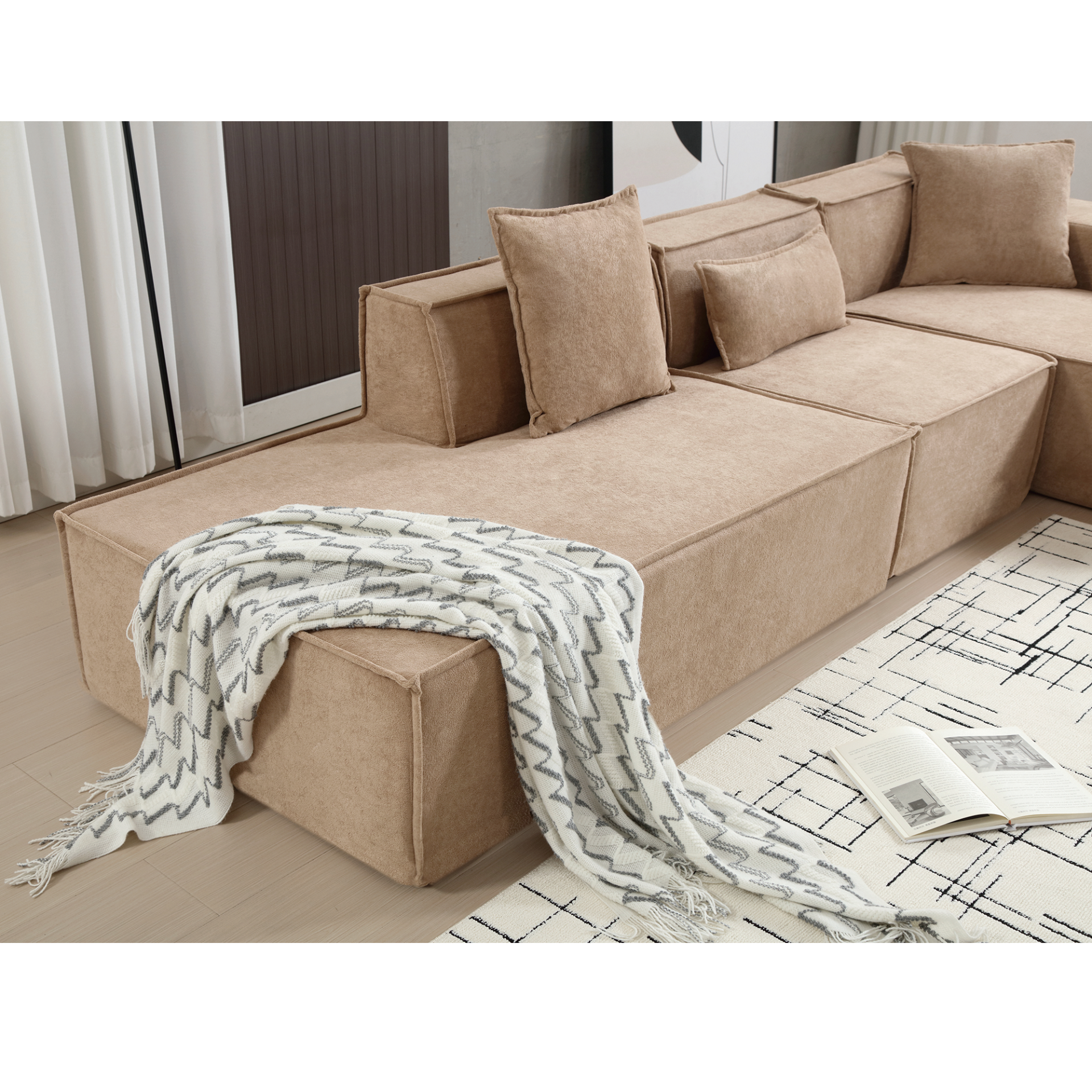 Modular combination living room sofa set, modern minimalist sofa, free installation sofa, L-shaped, Italian minimalist tofu block sofa,  Right-Hand Facing,Light Brown, Goodies N Stuff