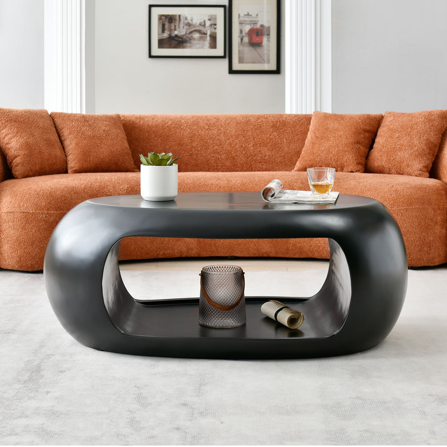 39.37'' Oval Coffee Table, Sturdy Fiberglass table for Living Room,  No Need Assembly Black, Goodies N Stuff