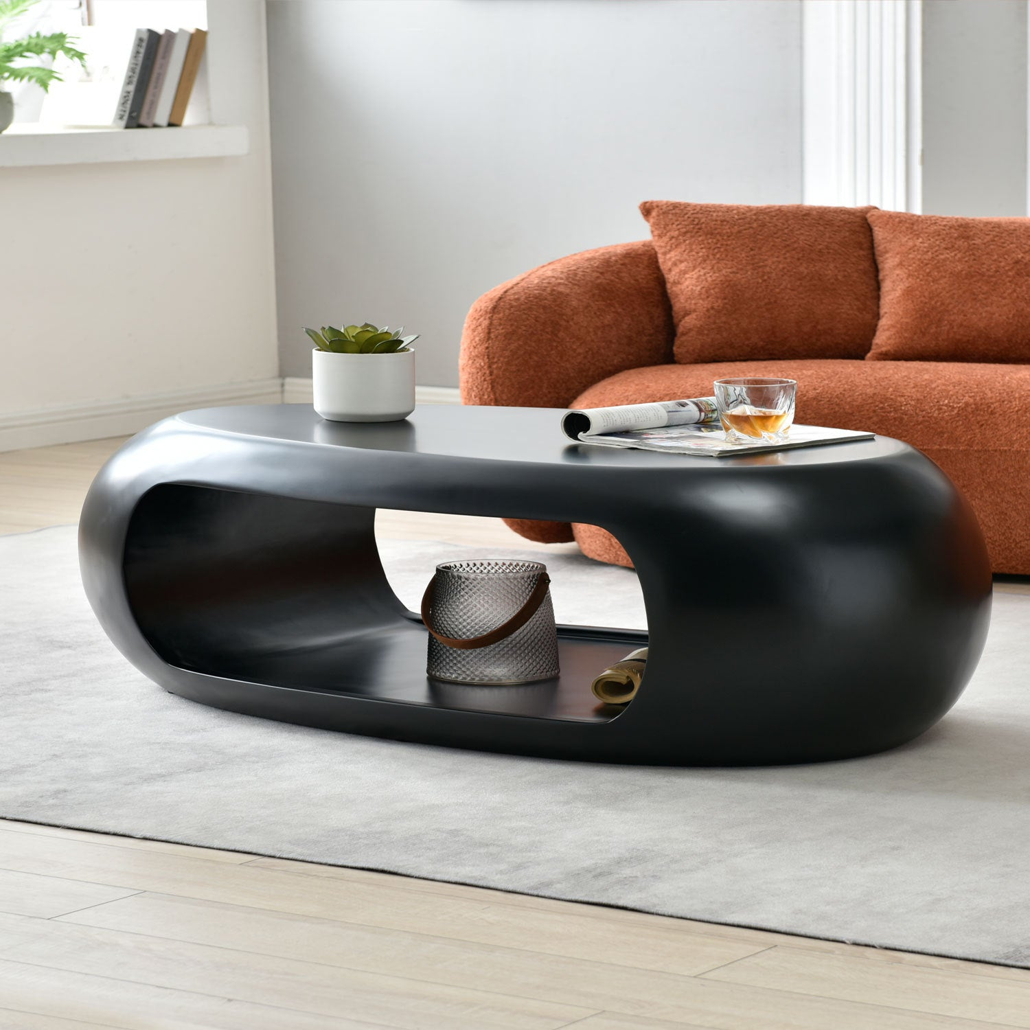 53.93'' Modern Oval Coffee Table, Sturdy Fiberglass Center Cocktail Table Tea Table for Living Room, BLACK, No Need Assembly, Goodies N Stuff
