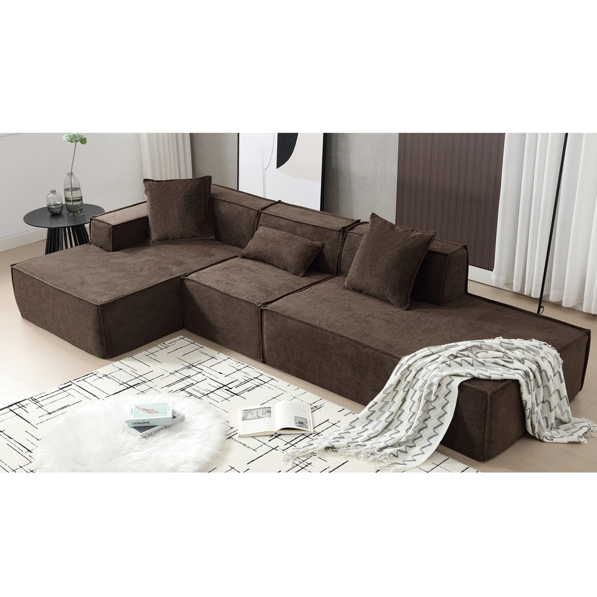 Modular combination living room sofa set, modern minimalist sofa, free installation sofa, L-shaped, Italian minimalist tofu block sofa, Left-Hand Facing,Dark brown, Goodies N Stuff