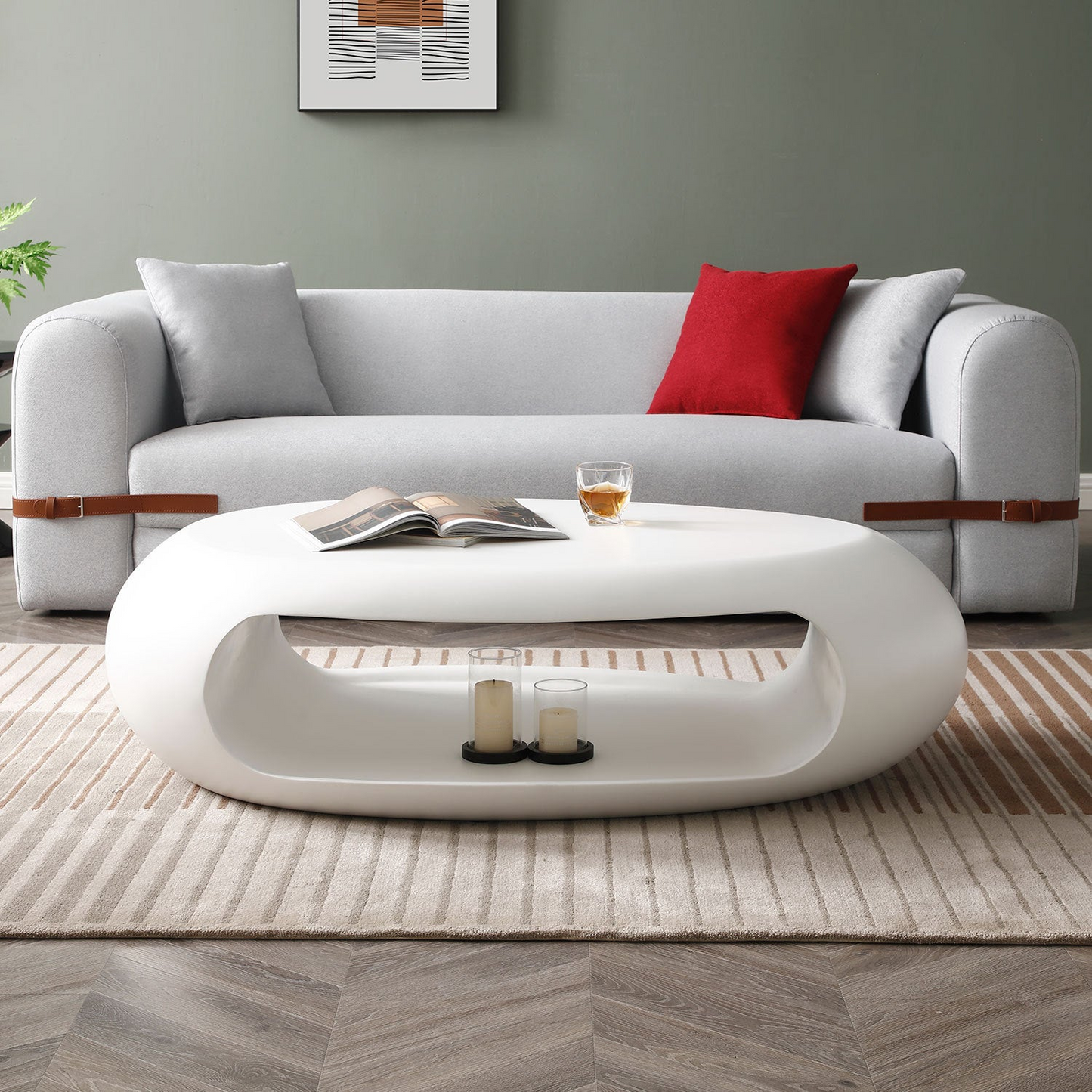 48.42'' Modern Oval Coffee Table, Sturdy Fiberglass Center Cocktail Table Tea Table for Living Room, White, No Need Assembly, Goodies N Stuff