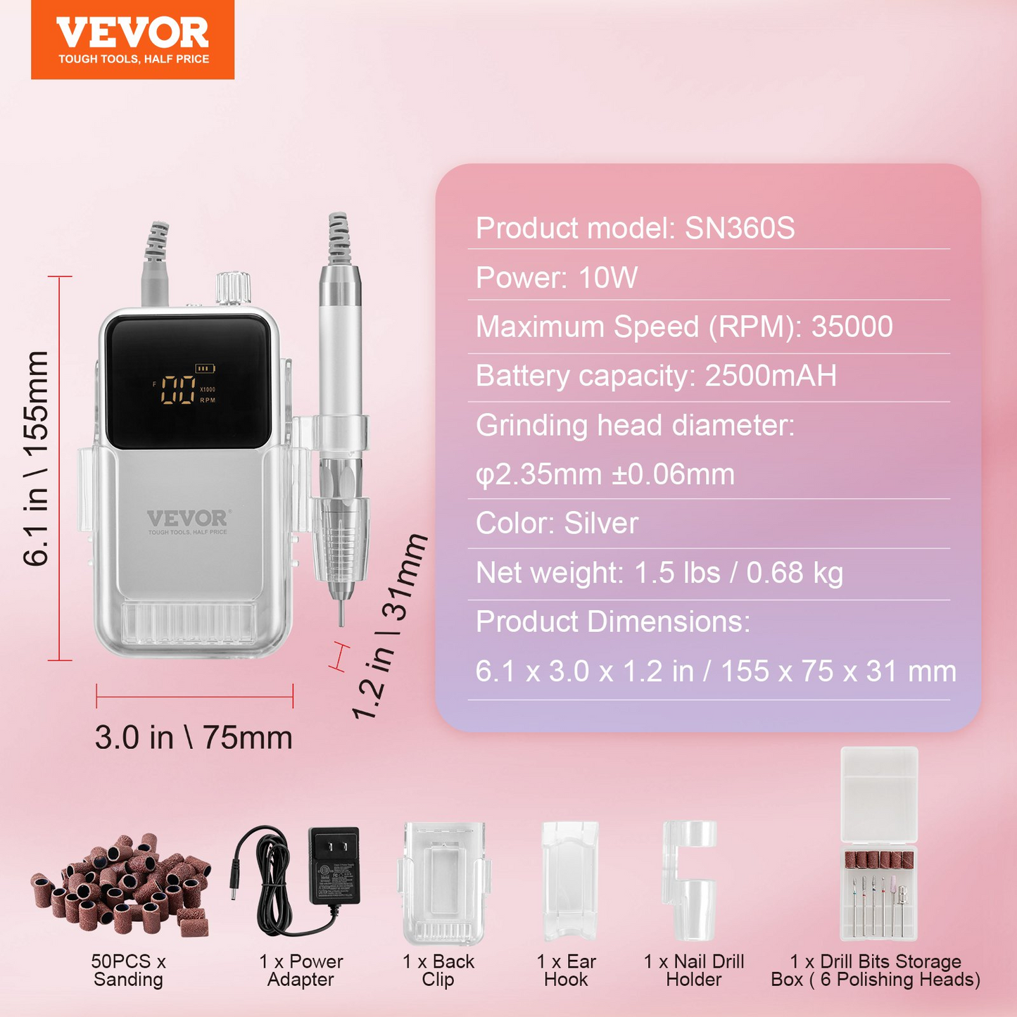 VEVOR Electric Cordless Nail Drill - with High-Torque 35000RRM Brushless Motor, Rechargeable Nail E File Machine with 6 Bits & 50PCS Sanding Band for Acrylic Gel Nails, Portable Manicure Pedicure Tool, Goodies N Stuff