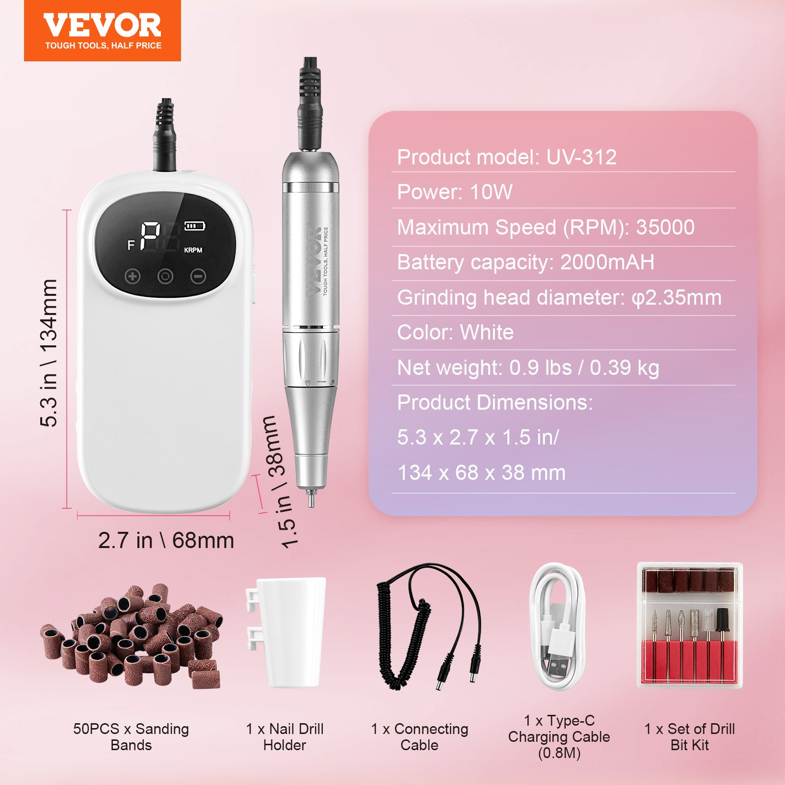 VEVOR Electric Rechargeable Nail Drill, 35,000RPM Portable Cordless Nail E File Machine, LCD-Display Acrylic Gel Grinder Tool with 6 Bits and 50PCS Sanding Bands for Manicure Pedicure Carve Polish, Goodies N Stuff