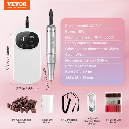 VEVOR Electric Rechargeable Nail Drill, 35,000RPM Portable Cordless Nail E File Machine, LCD-Display Acrylic Gel Grinder Tool with 6 Bits and 50PCS Sanding Bands for Manicure Pedicure Carve Polish, Goodies N Stuff