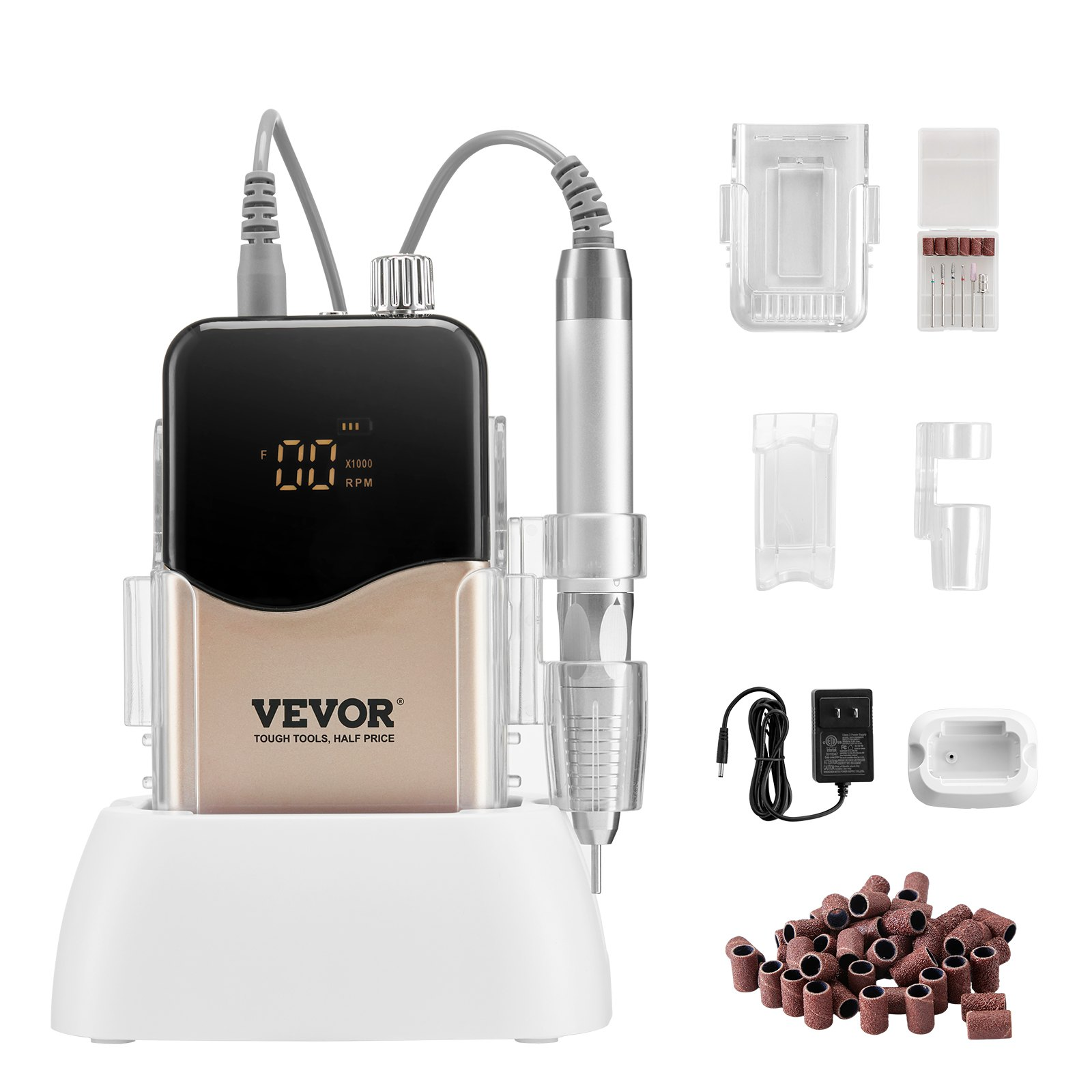 VEVOR Electric Cordless Nail Drill - with 35000RRM Brushless Motor and Charging Base, Rechargeable Nail E File Machine with 6 Bit & 50PCS Sanding Band for Acrylic Gel Nail, Manicure Pedicure Polishing, Goodies N Stuff