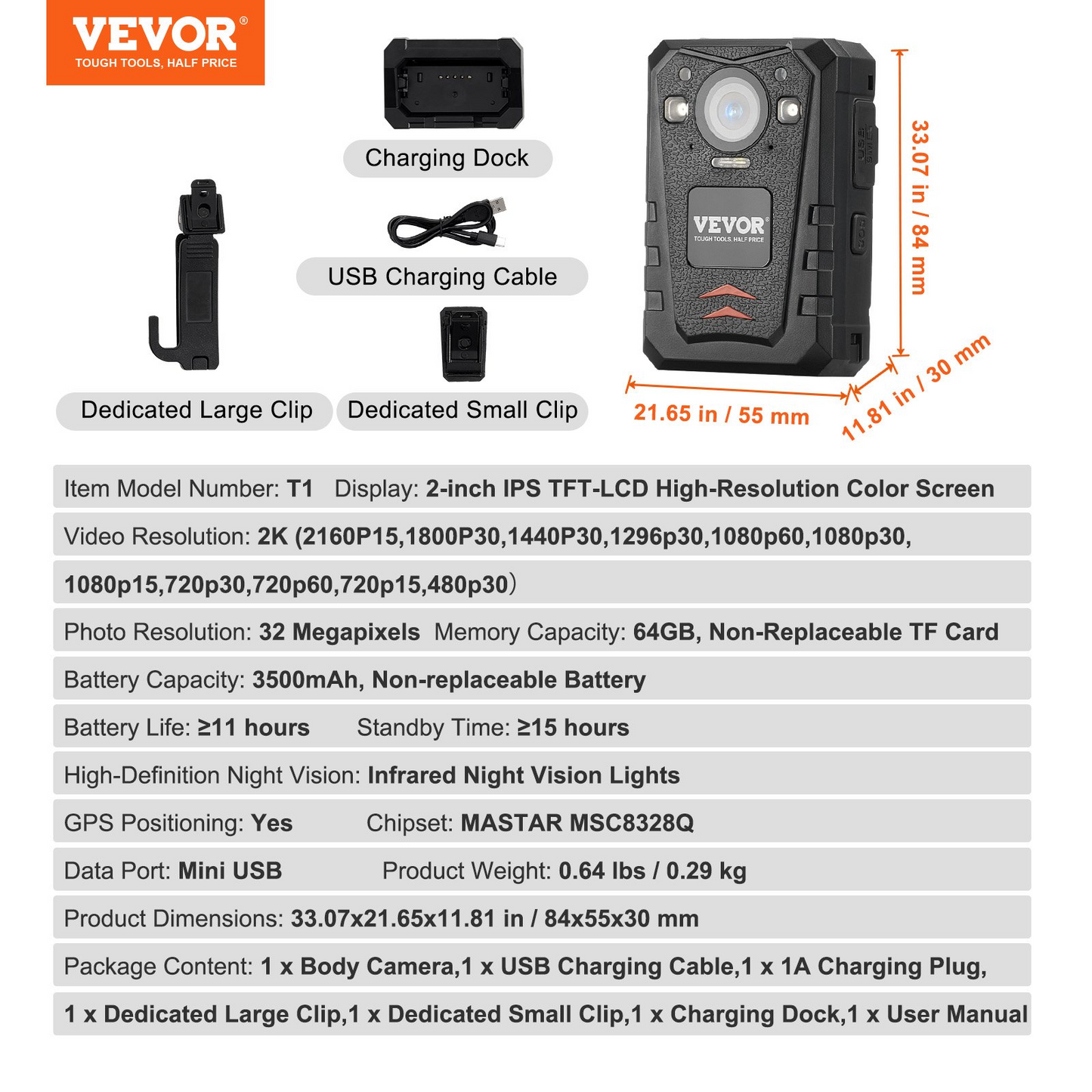VEVOR 1440P HD Police Body Camera, 64GB Body Cam with Audio Video Recording Picture, Built-in 3500 mAh Battery, 2.0" LCD, Infrared Night Vision, Waterproof GPS Personal Body Cam for Law Enforcement, Goodies N Stuff