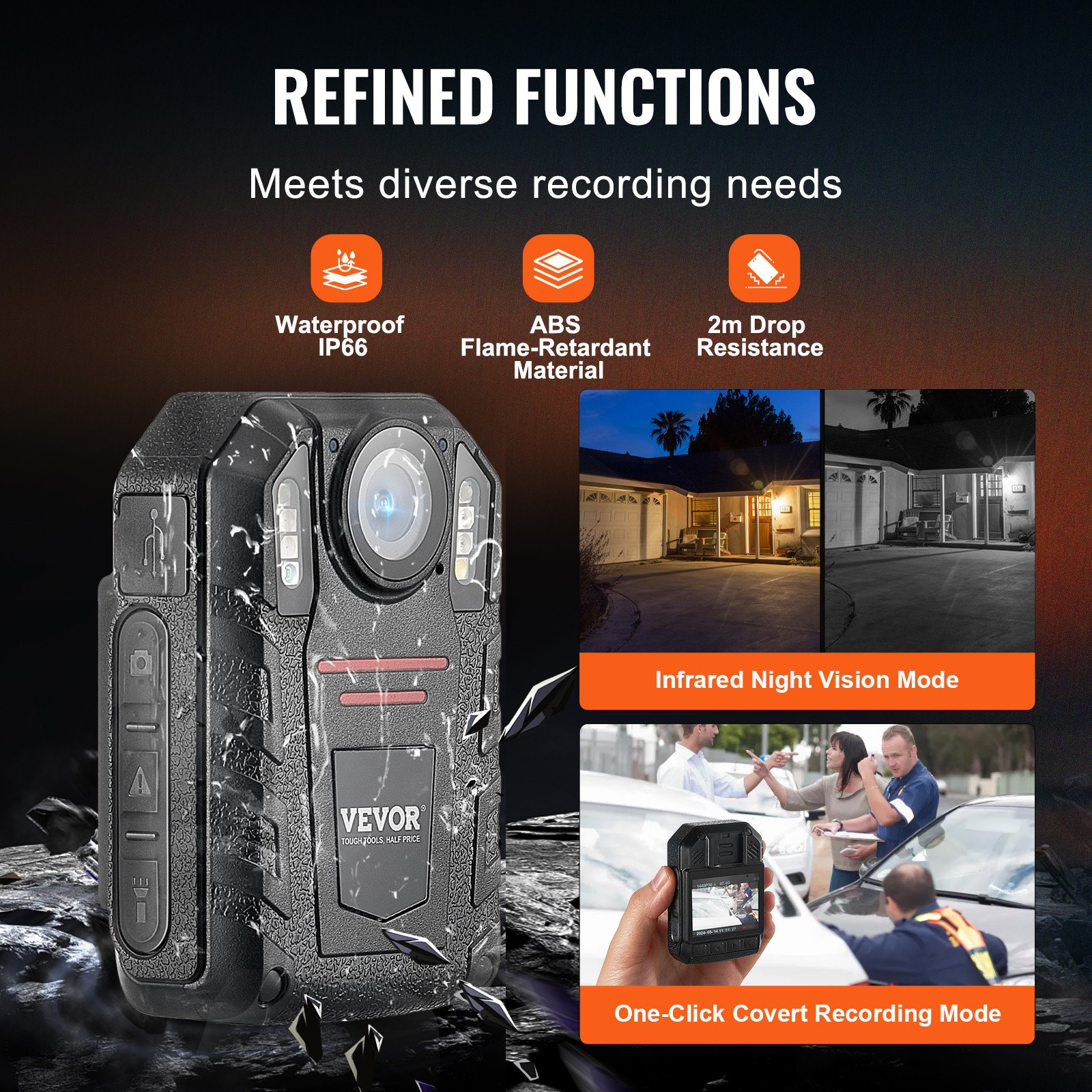 VEVOR 1440P HD Police Body Camera, 64GB Body Cam with Audio Video Recording Picture, Built-in 2850 mAh Battery, 2.0" LCD, Infrared Night Vision, Waterproof Personal Body Cam for Law Enforcement, Goodies N Stuff