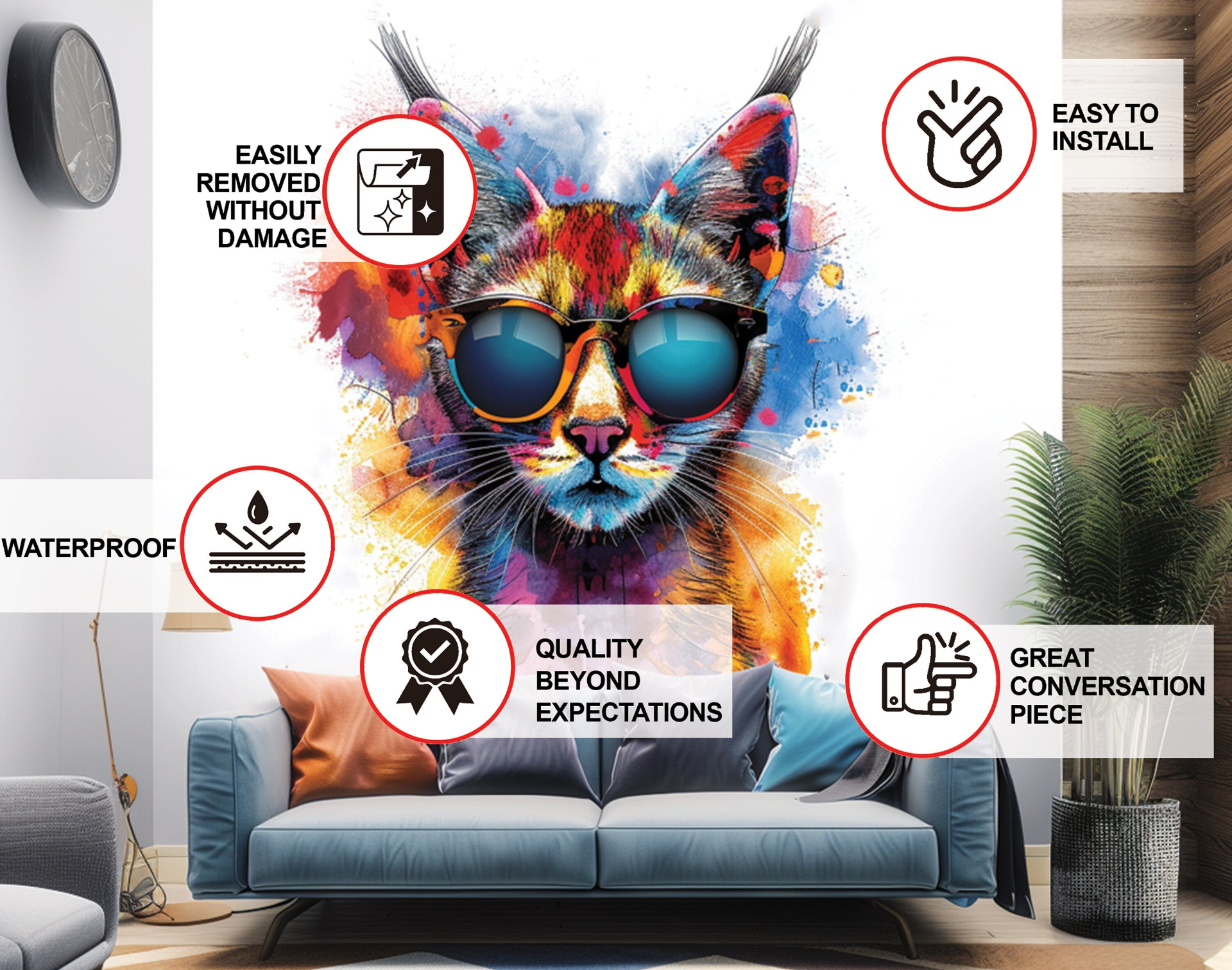 Vibrant Maine Coon Cat Wall Sticker with Sunglasses | Colorful Modern Kitten Art Decal | Artistic Kitty Decor | Unique Cat Lover Gift Idea, Goodies N Stuff