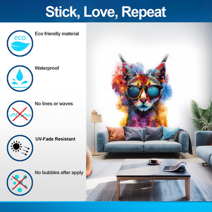 Vibrant Maine Coon Cat Wall Sticker with Sunglasses | Colorful Modern Kitten Art Decal | Artistic Kitty Decor | Unique Cat Lover Gift Idea, Goodies N Stuff