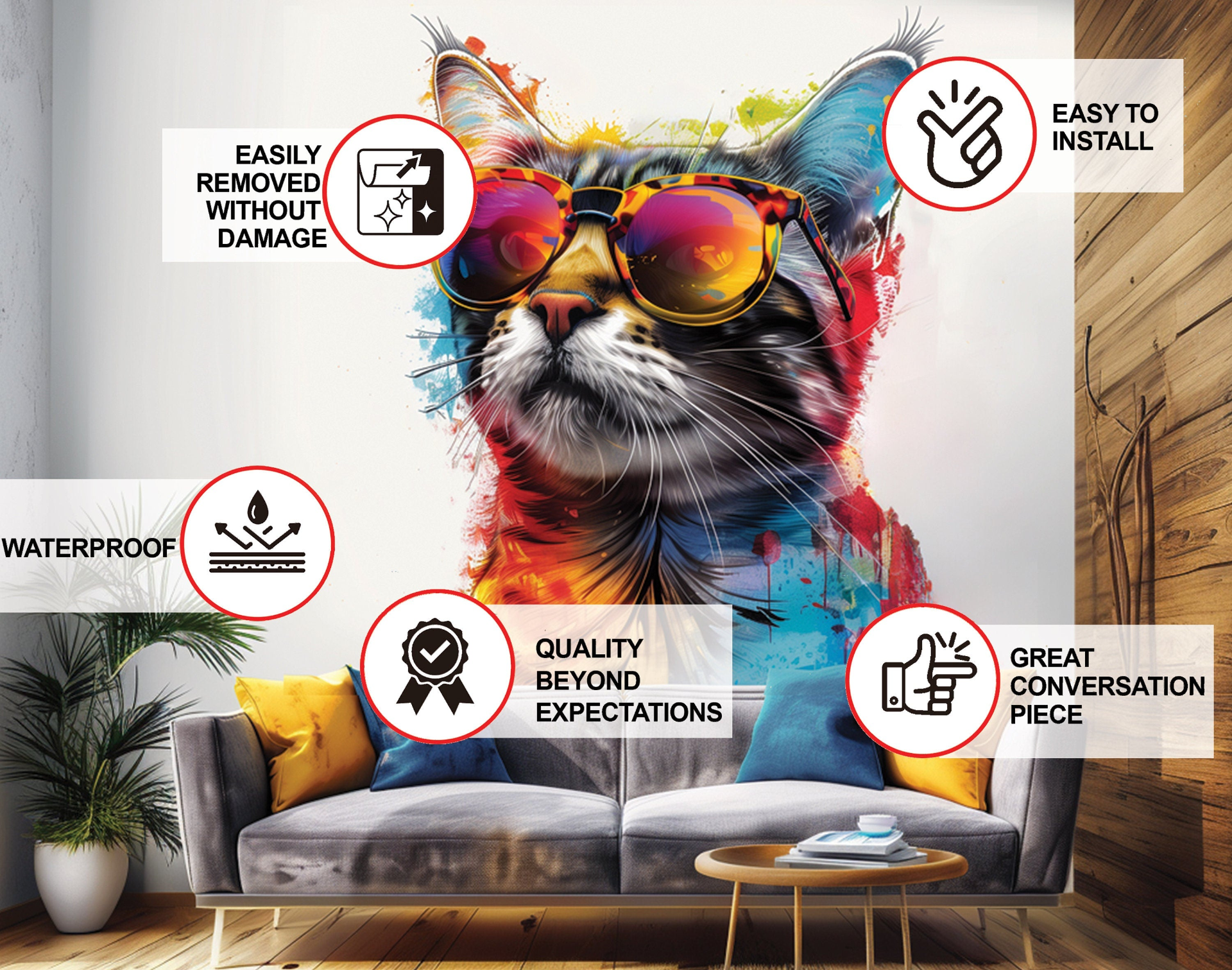 Colorful Maine Coon Cat Wall Sticker with Sunglasses - Modern Kittent Art Decal, Goodies N Stuff