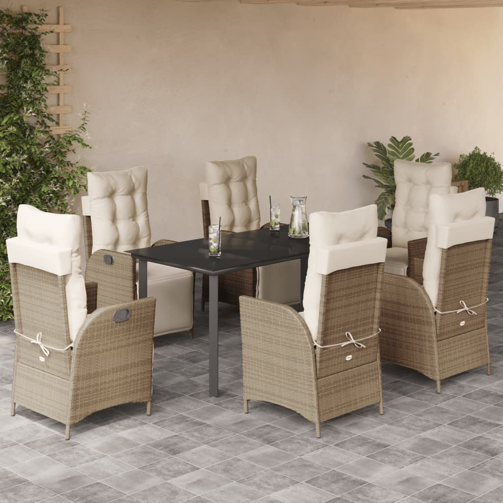 vidaXL 7 Piece Patio Dining Set with Cushions Beige Poly Rattan