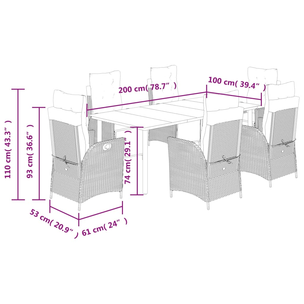 vidaXL 7 Piece Patio Dining Set with Cushions Gray Poly Rattan