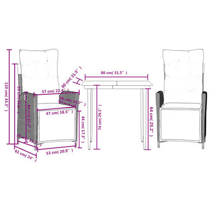 vidaXL 3 Piece Patio Dining Set with Cushions Gray Poly Rattan