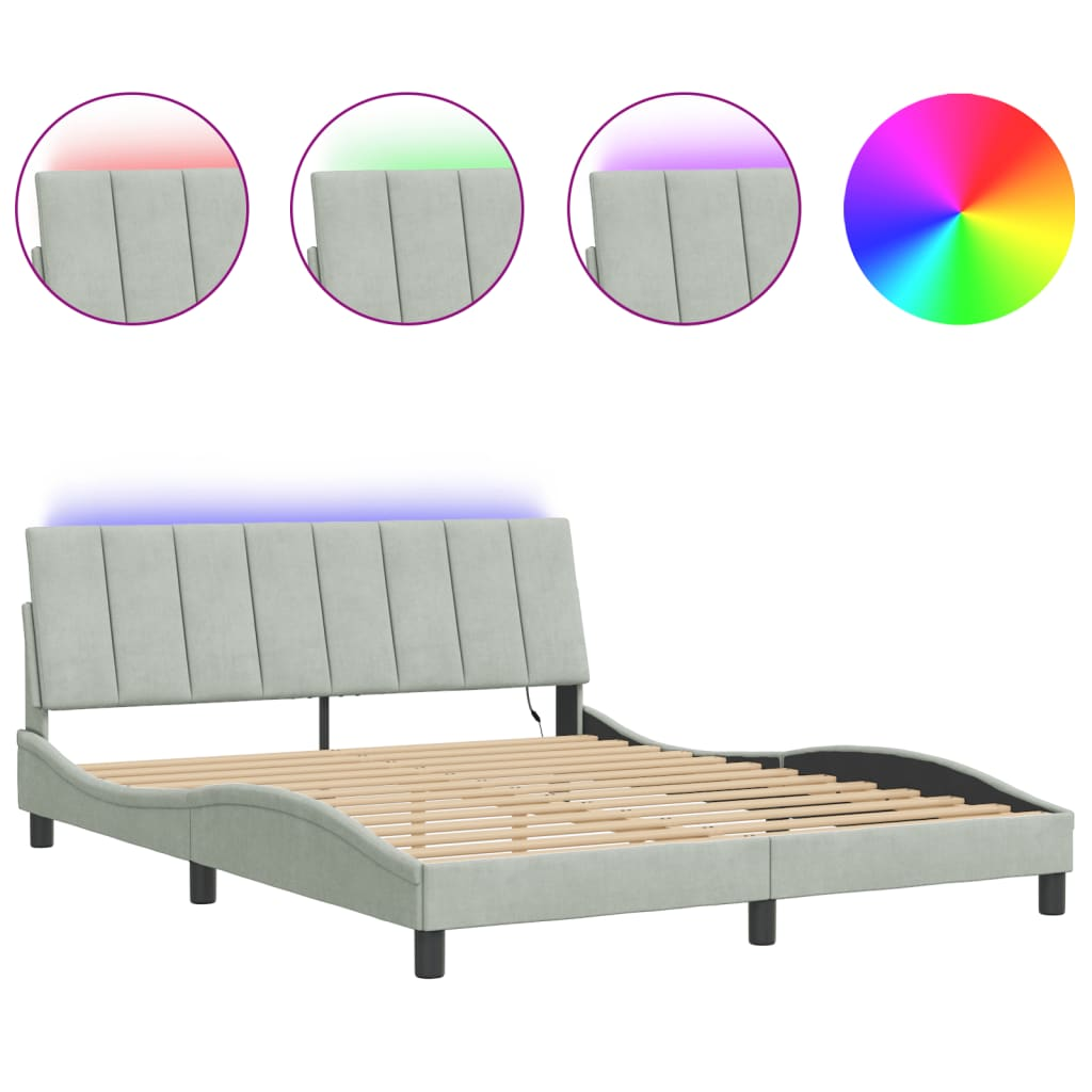 vidaXL Bed Frame with LED Lights Light Gray 59.8"x79.9" Queen Velvet, Goodies N Stuff