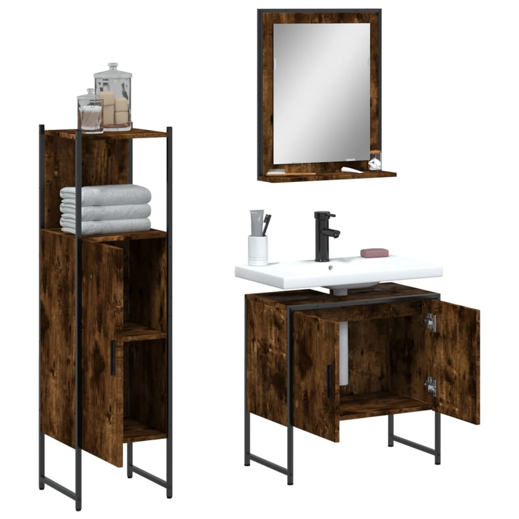 vidaXL 3 Piece Bathroom Cabinet Set Smoked Oak Engineered Wood, Goodies N Stuff