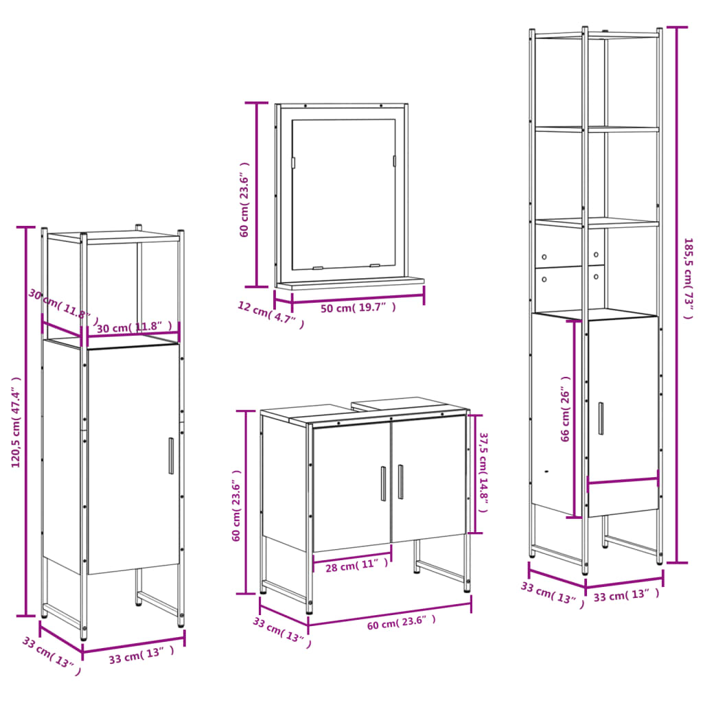 vidaXL 4 Piece Bathroom Cabinet Set Smoked Oak Engineered Wood, Goodies N Stuff