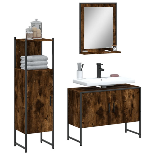 vidaXL 3 Piece Bathroom Cabinet Set Smoked Oak Engineered Wood, Goodies N Stuff