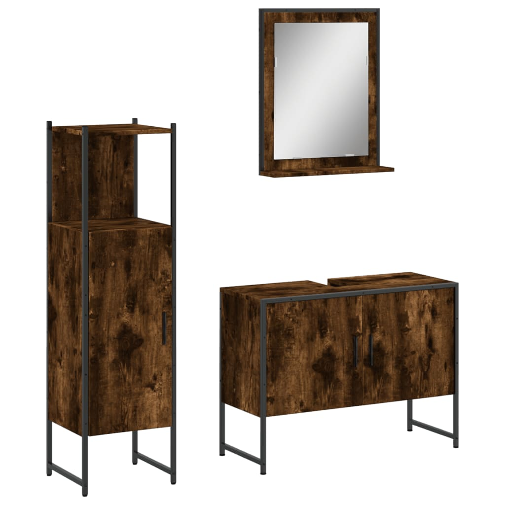 vidaXL 3 Piece Bathroom Cabinet Set Smoked Oak Engineered Wood, Goodies N Stuff