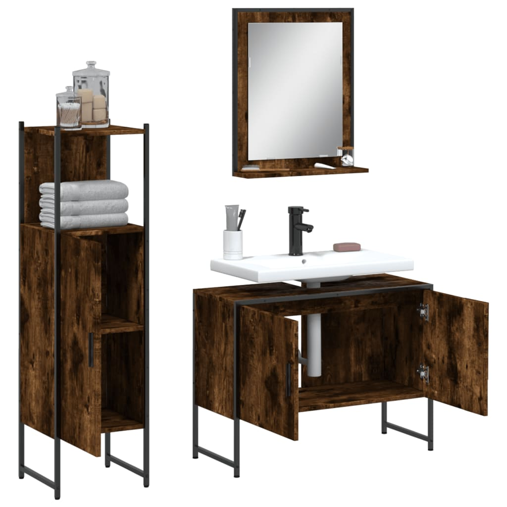 vidaXL 3 Piece Bathroom Cabinet Set Smoked Oak Engineered Wood, Goodies N Stuff