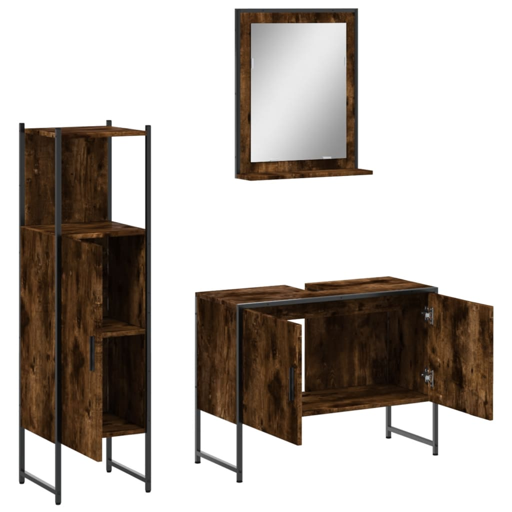 vidaXL 3 Piece Bathroom Cabinet Set Smoked Oak Engineered Wood, Goodies N Stuff