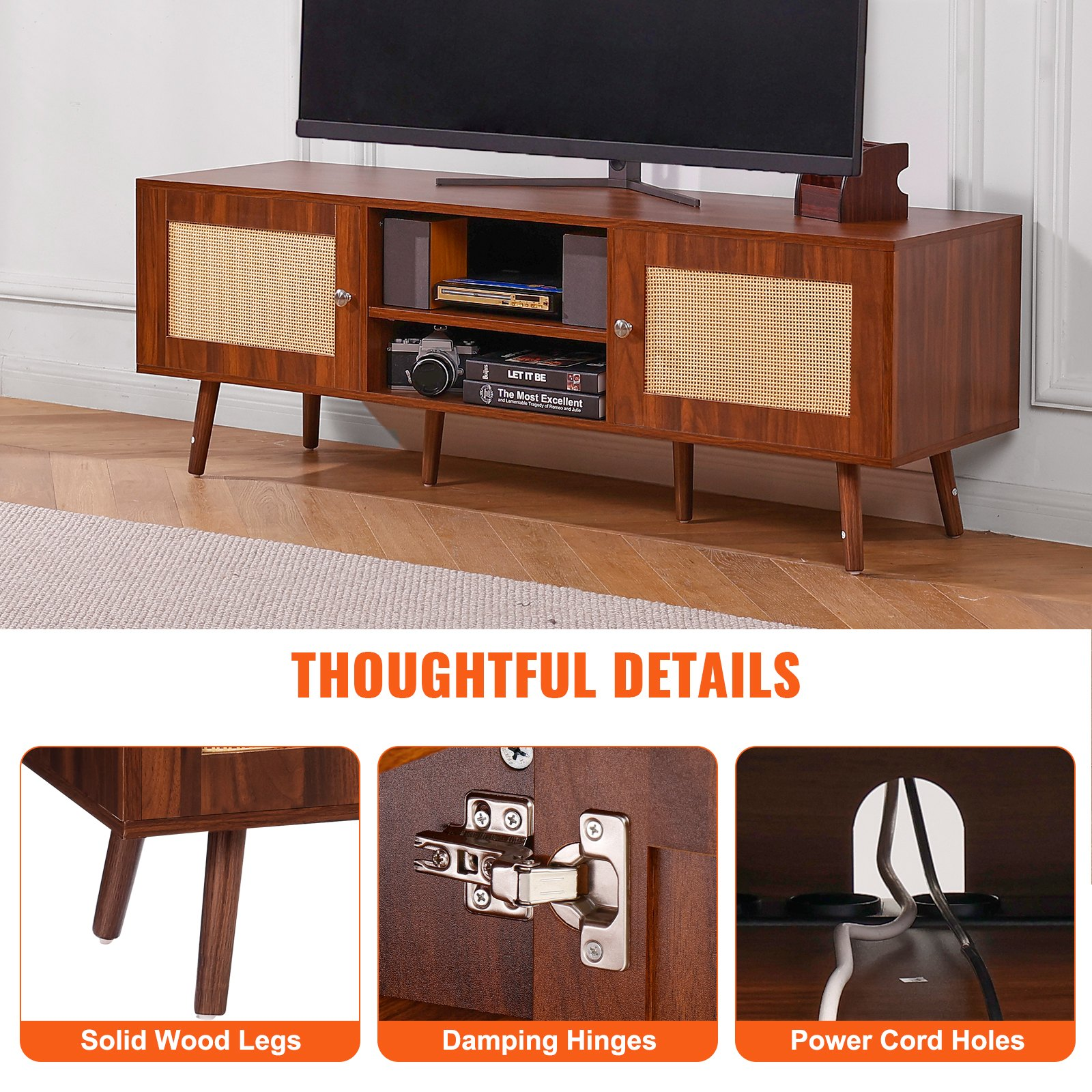 VEVOR Rattan TV Stand, Mid Century Modern TV Stand for 65 inch TV, Boho Rattan TV Cabinet with Build-in Socket and USB Ports, Adjustable Shelfs for Living Room, Media Room, Walnut, Goodies N Stuff