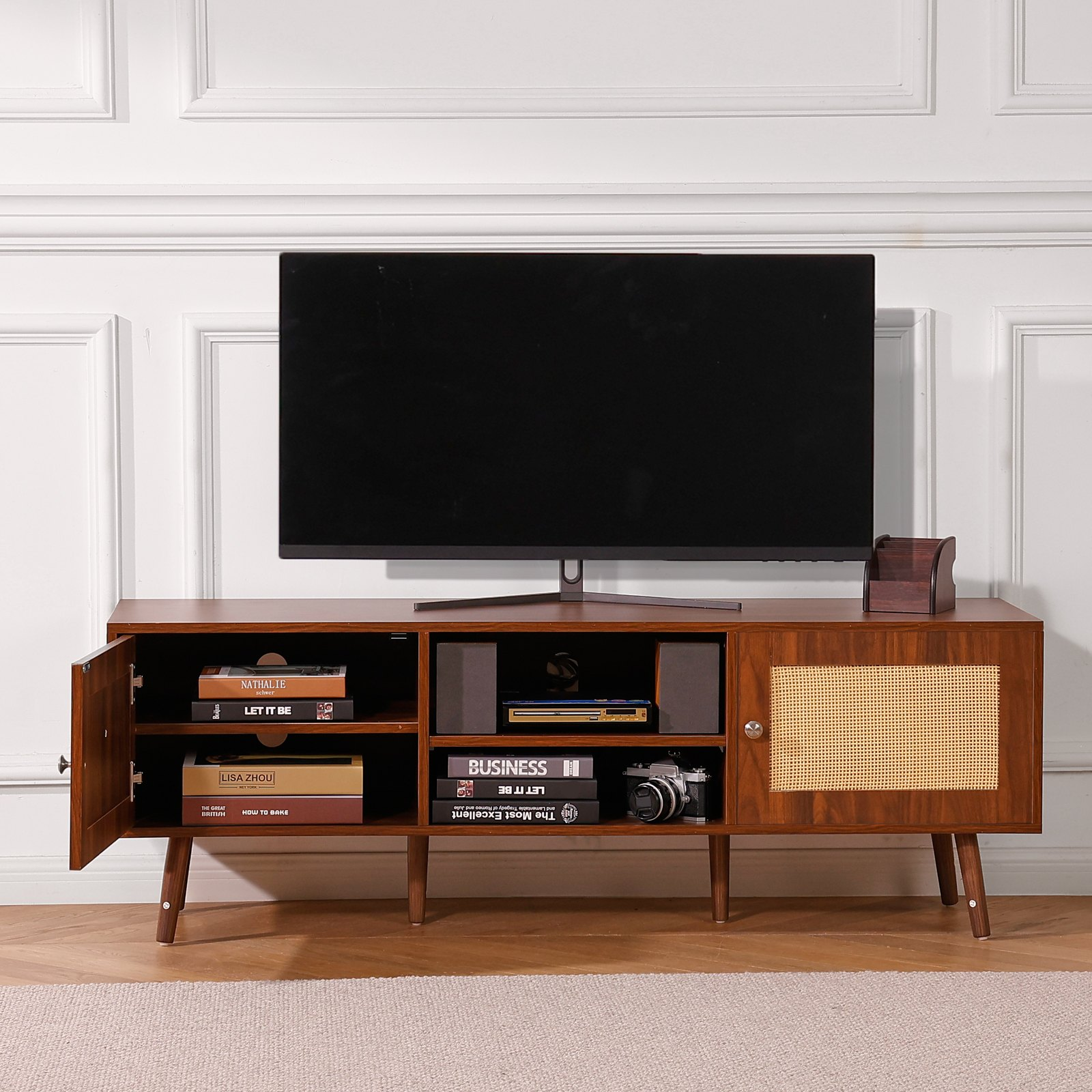 VEVOR Rattan TV Stand, Mid Century Modern TV Stand for 65 inch TV, Boho Rattan TV Cabinet with Build-in Socket and USB Ports, Adjustable Shelfs for Living Room, Media Room, Walnut, Goodies N Stuff