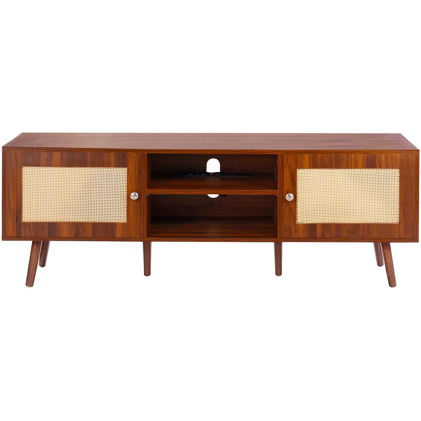 VEVOR Rattan TV Stand, Mid Century Modern TV Stand for 65 inch TV, Boho Rattan TV Cabinet with Build-in Socket and USB Ports, Adjustable Shelfs for Living Room, Media Room, Walnut, Goodies N Stuff