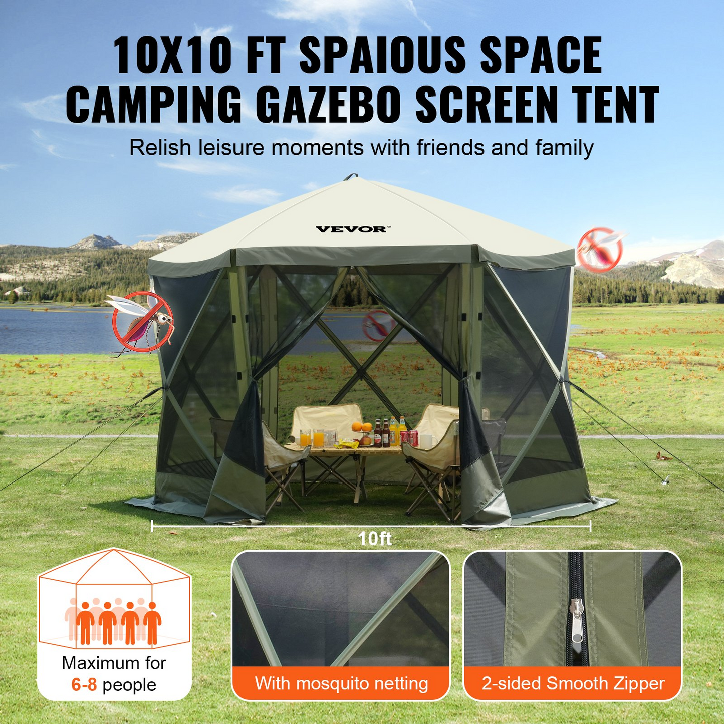 VEVOR Pop Up Gazebo Tent, Pop-Up Screen Tent 6 Sided Canopy Sun Shelter with 6 Removable Privacy Wind Cloths & Mesh Windows, 10x10FT Quick Set Screen Tent with Mosquito Netting, Army Green, Goodies N Stuff