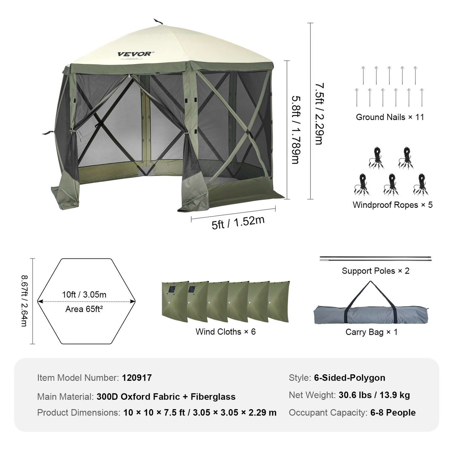 VEVOR Pop Up Gazebo Tent, Pop-Up Screen Tent 6 Sided Canopy Sun Shelter with 6 Removable Privacy Wind Cloths & Mesh Windows, 10x10FT Quick Set Screen Tent with Mosquito Netting, Army Green, Goodies N Stuff