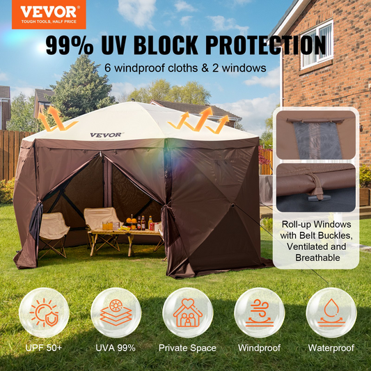VEVOR Pop Up Gazebo Tent, Pop-Up Screen Tent 6 Sided Canopy Sun Shelter with 6 Removable Privacy Wind Cloths & Mesh Windows, 12.5x12.5FT Quick Set Screen Tent with Mosquito Netting, Brown, Goodies N Stuff