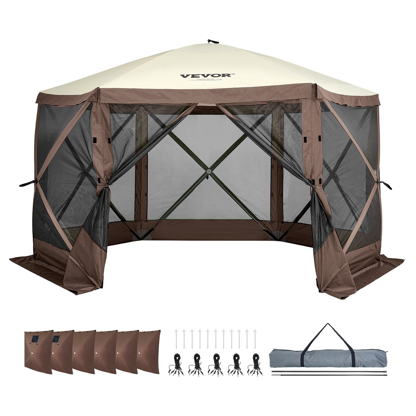 VEVOR Pop Up Gazebo Tent, Pop-Up Screen Tent 6 Sided Canopy Sun Shelter with 6 Removable Privacy Wind Cloths & Mesh Windows, 12.5x12.5FT Quick Set Screen Tent with Mosquito Netting, Brown, Goodies N Stuff